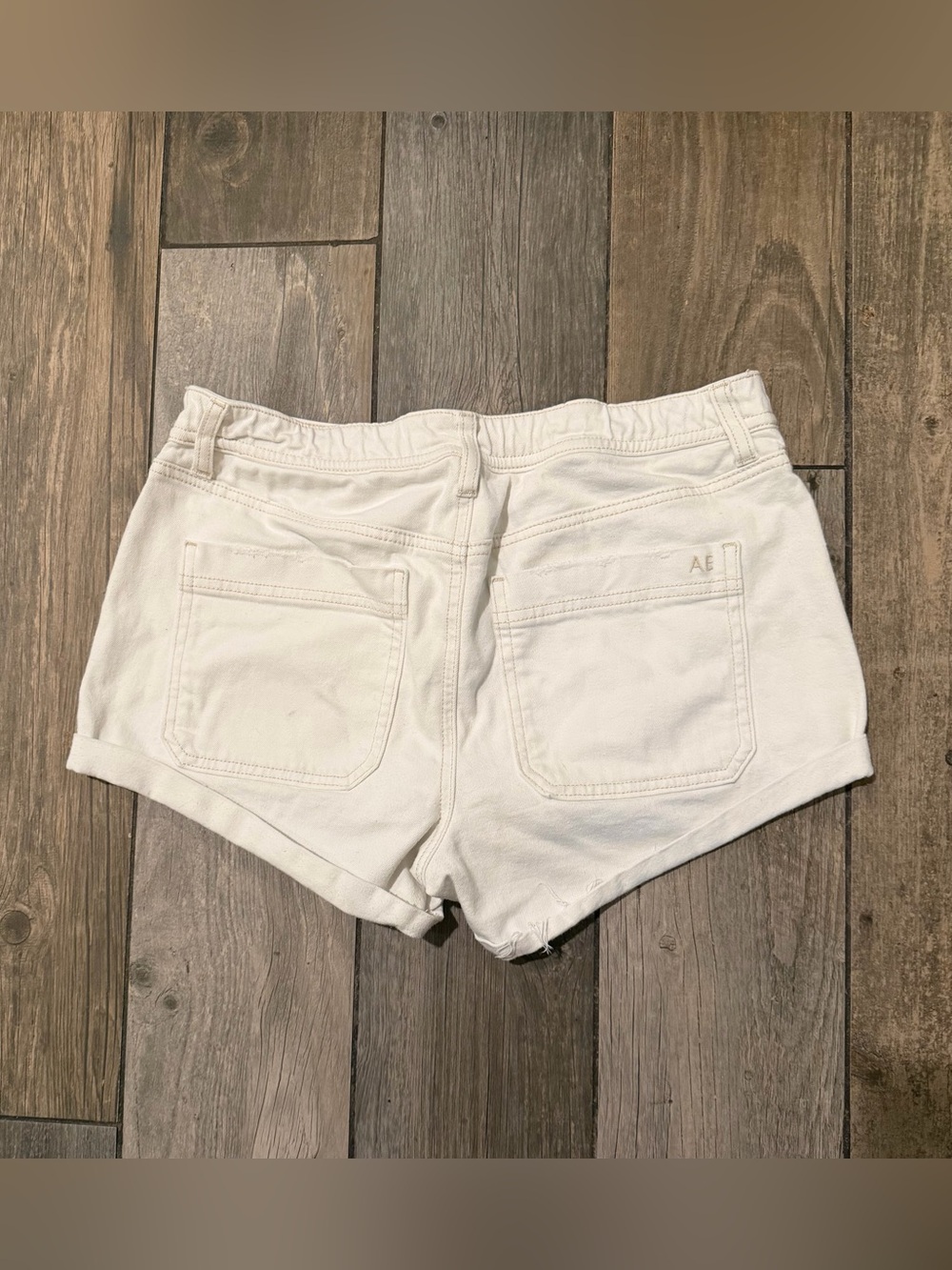 AE White Women's Denim Shorts with Tan Stitching - Picture 3 of 5